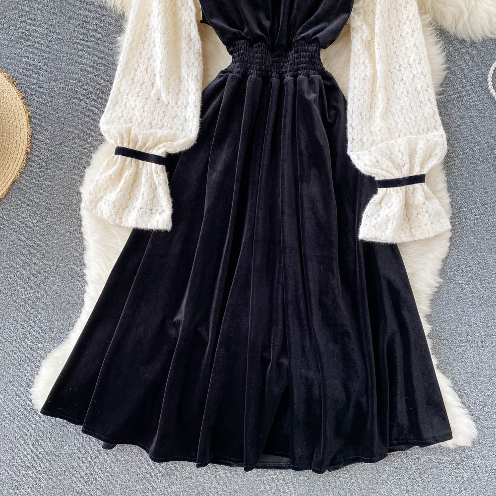 Schwarzes Samt-Spitzenkleid A-Linie Langarm-Modekleid RF0290