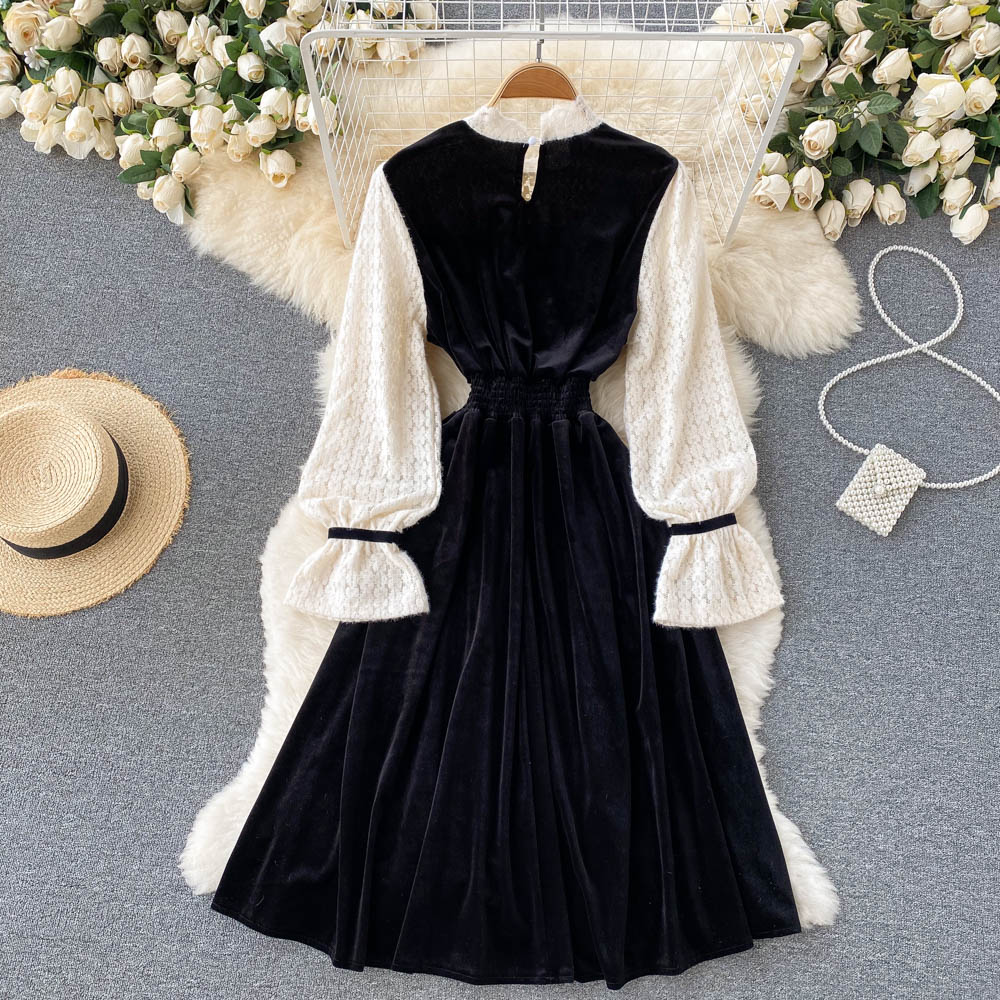 Schwarzes Samt-Spitzenkleid A-Linie Langarm-Modekleid RF0290