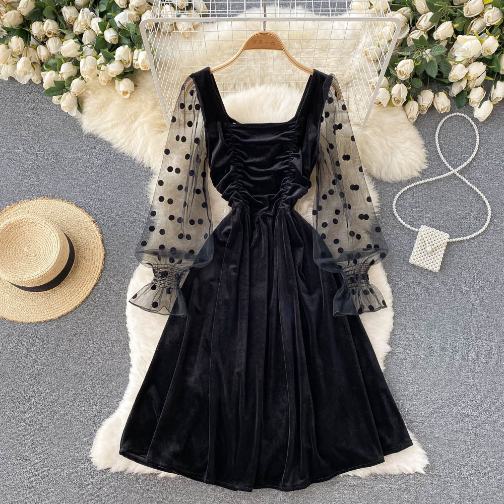 Süßes Langarmkleid aus Samt, schwarzes Modekleid RF0289