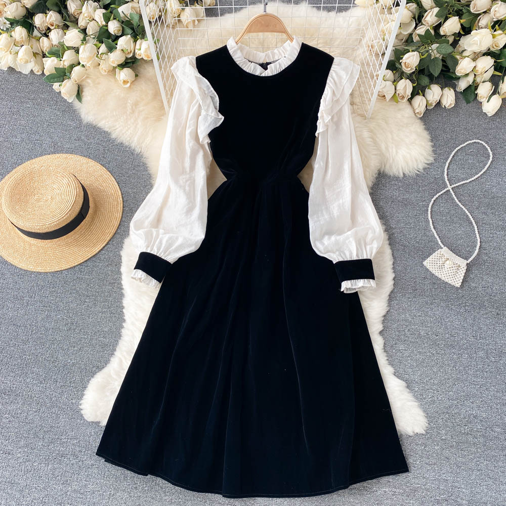 Robe trapèze en velours à manches longues, jolie robe tendance RF0287