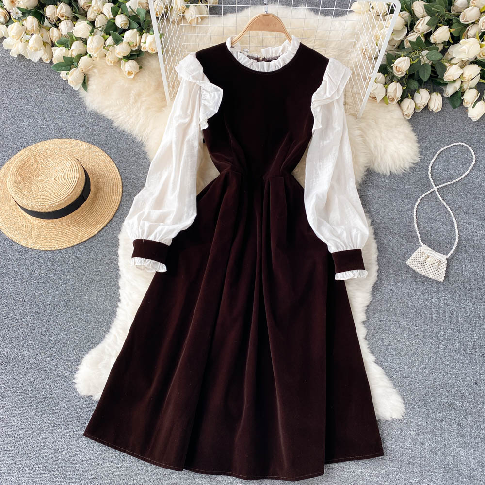 Robe trapèze en velours à manches longues, jolie robe tendance RF0287