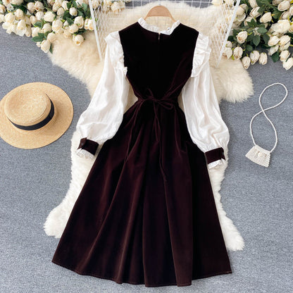 Robe trapèze en velours à manches longues, jolie robe tendance RF0287
