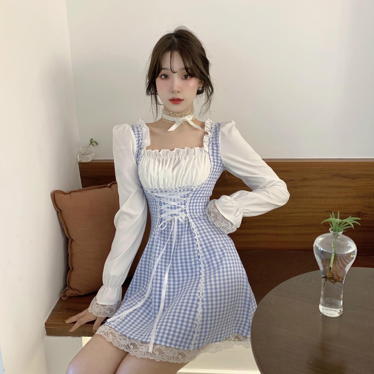 Cute Plaid Long Sleeve Dress Lace Up Dress RF0284