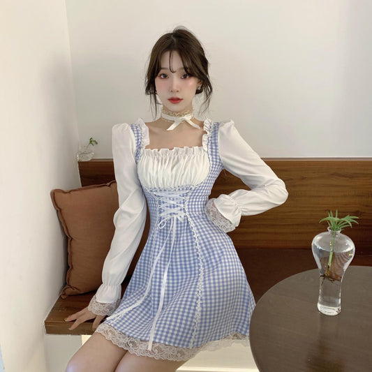 Cute Plaid Long Sleeve Dress Lace Up Dress RF0284