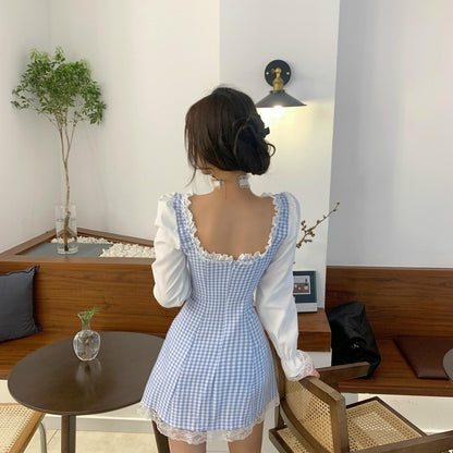 Cute Plaid Long Sleeve Dress Lace Up Dress RF0284