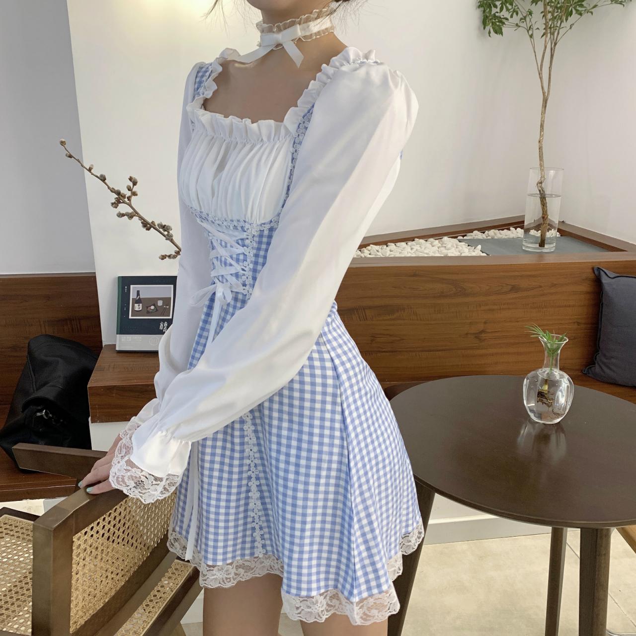 Cute Plaid Long Sleeve Dress Lace Up Dress RF0284
