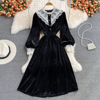 Black Velvet Lace Long Sleeve Dress Black A Line Dress RF0281