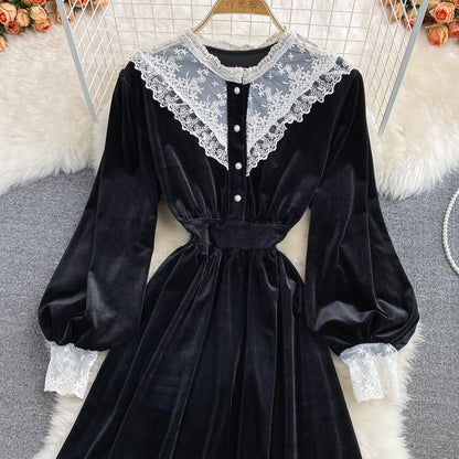 Black Velvet Lace Long Sleeve Dress Black A Line Dress RF0281