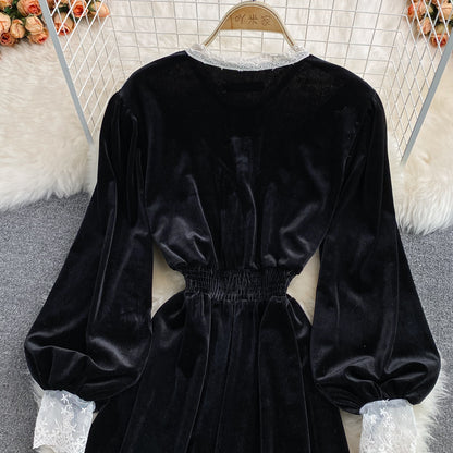 Black Velvet Lace Long Sleeve Dress Black A Line Dress RF0281