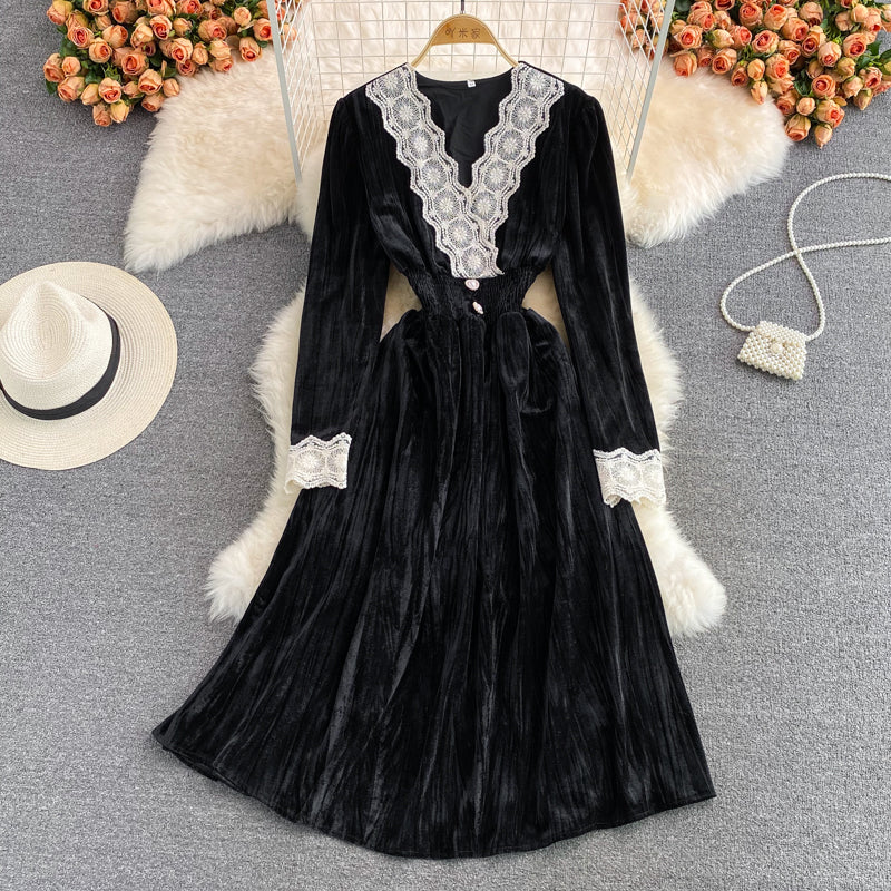Robe élégante à manches longues et col en V en dentelle, robe tendance RF0280