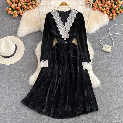 Robe élégante à manches longues et col en V en dentelle, robe tendance RF0280