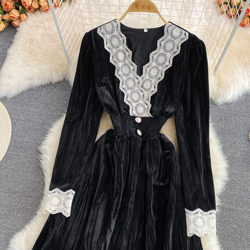 Robe élégante à manches longues et col en V en dentelle, robe tendance RF0280