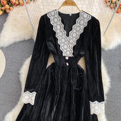 Robe élégante à manches longues et col en V en dentelle, robe tendance RF0280