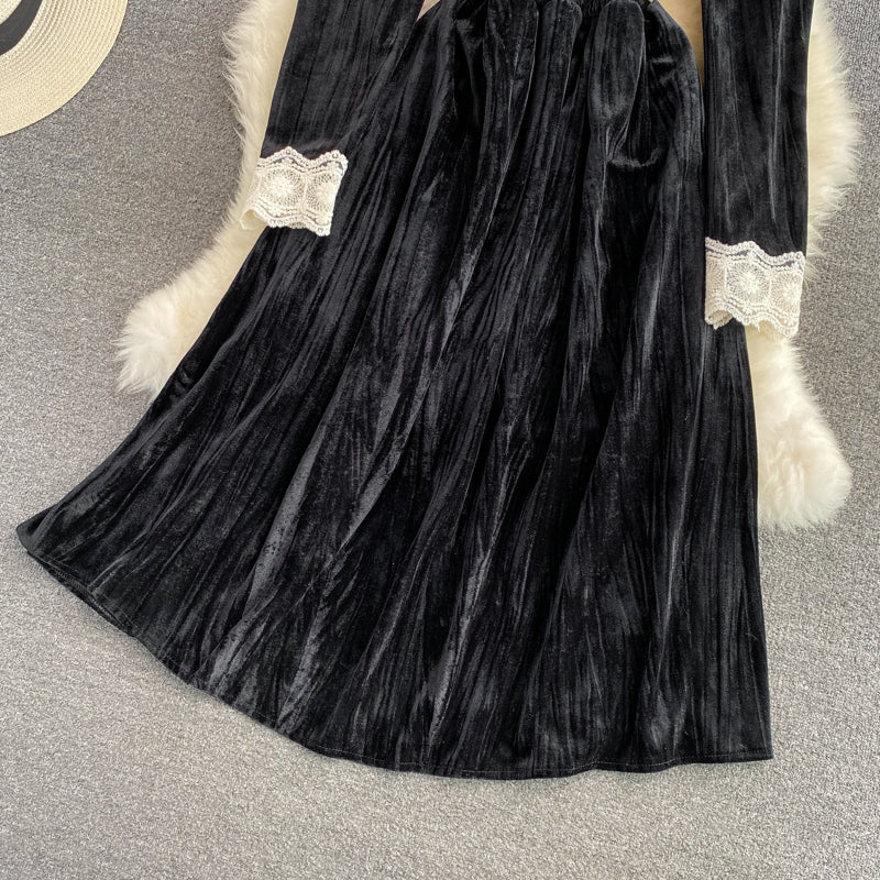 Robe élégante à manches longues et col en V en dentelle, robe tendance RF0280