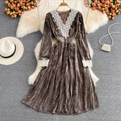 Robe élégante à manches longues et col en V en dentelle, robe tendance RF0280