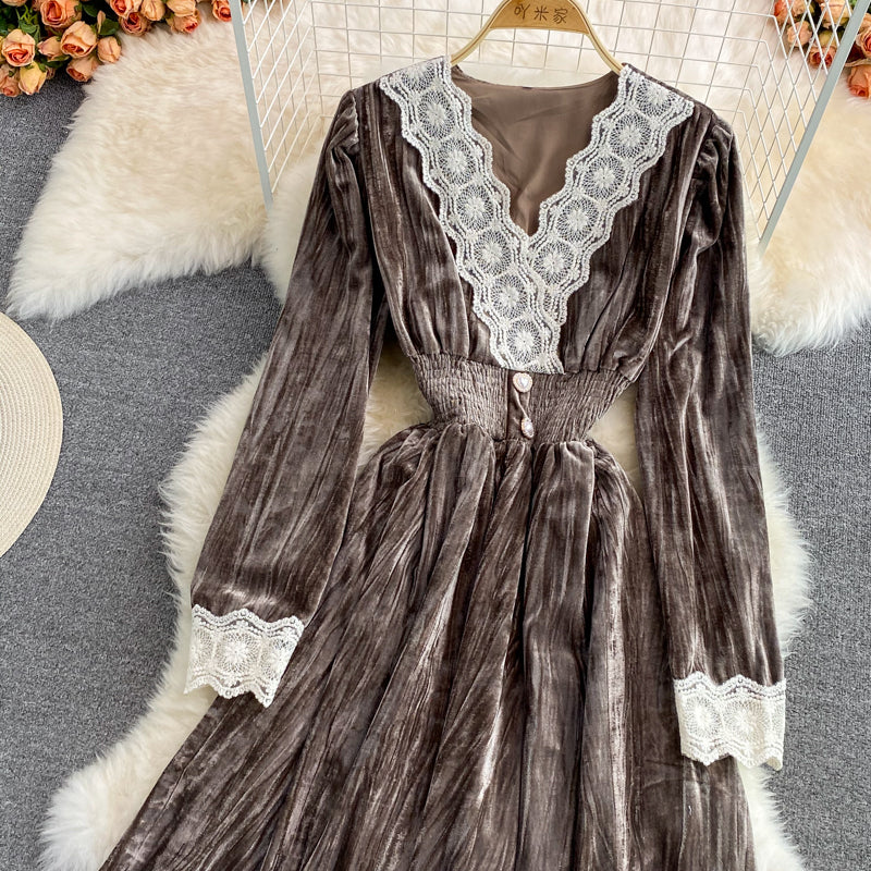 Robe élégante à manches longues et col en V en dentelle, robe tendance RF0280