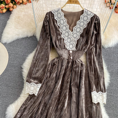 Robe élégante à manches longues et col en V en dentelle, robe tendance RF0280
