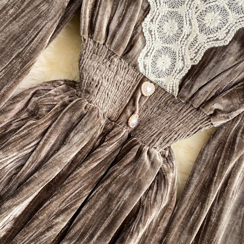 Robe élégante à manches longues et col en V en dentelle, robe tendance RF0280