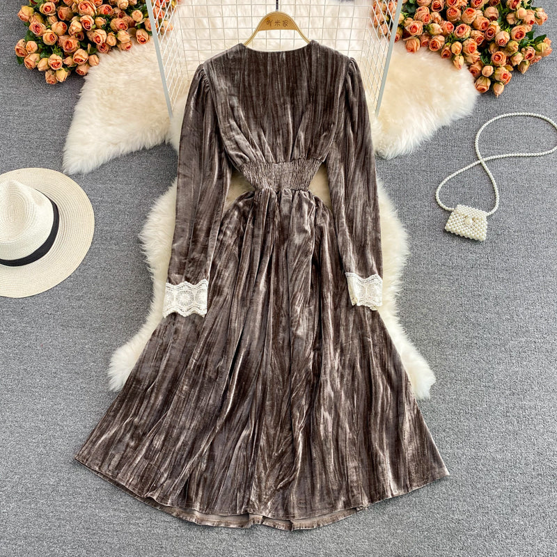 Robe élégante à manches longues et col en V en dentelle, robe tendance RF0280