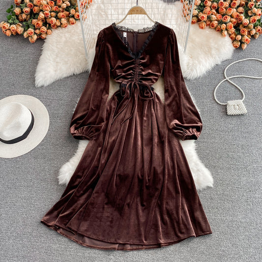 Autumn And Winter Lace Stitching V-neck Velvet Dress Fashion Dress RF0278