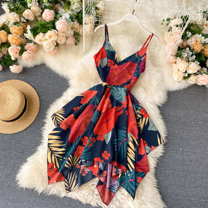 Robe courte à épaules dénudées et motif floral, style irrégulier, RF0274