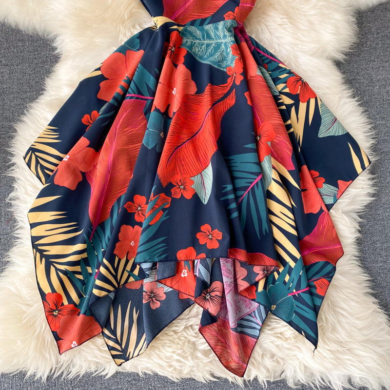 Robe courte à épaules dénudées et motif floral, style irrégulier, RF0274