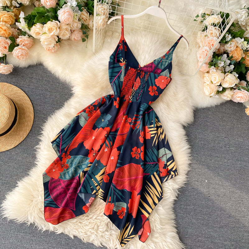 Robe courte à épaules dénudées et motif floral, style irrégulier, RF0274