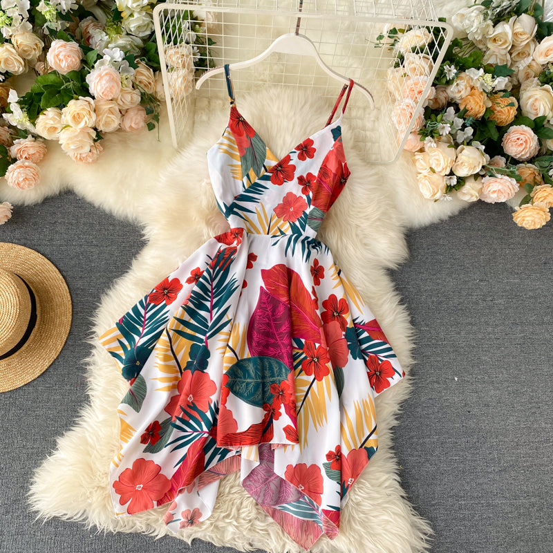 Robe courte à épaules dénudées et motif floral, style irrégulier, RF0274