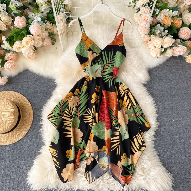 Robe courte à épaules dénudées et motif floral, style irrégulier, RF0274