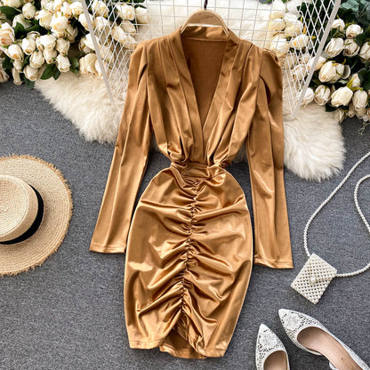 Sexy Deep V-neck Pleated Short Dress Fashion Dress RF0268