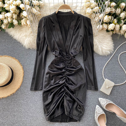 Sexy Deep V-neck Pleated Short Dress Fashion Dress RF0268