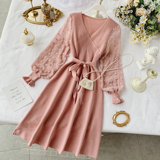 A-line Chiffon Sleeve Stitching Knit Dress V Neck Fashion Dress RF0267