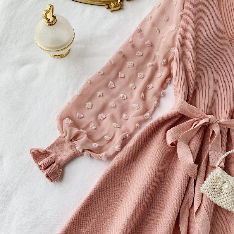 A-line Chiffon Sleeve Stitching Knit Dress V Neck Fashion Dress RF0267