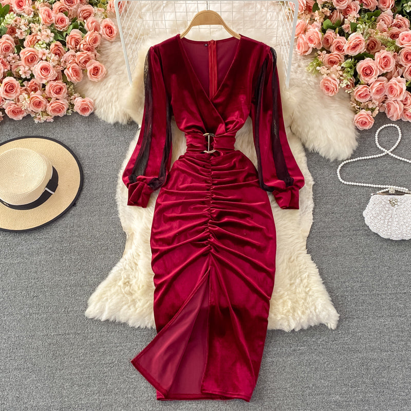 Robe sexy à manches longues et col en V, robe tendance RF0256