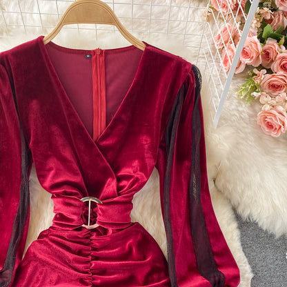 Robe sexy à manches longues et col en V, robe tendance RF0256