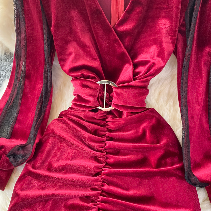 Robe sexy à manches longues et col en V, robe tendance RF0256