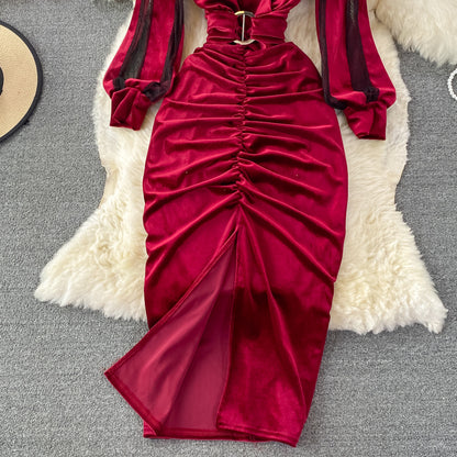 Robe sexy à manches longues et col en V, robe tendance RF0256