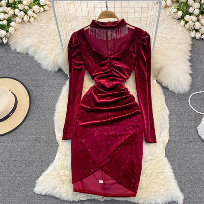 Temperament V-neck Halter Neck Tassel Bag Hip Dress Velvet Base Dress RF0252