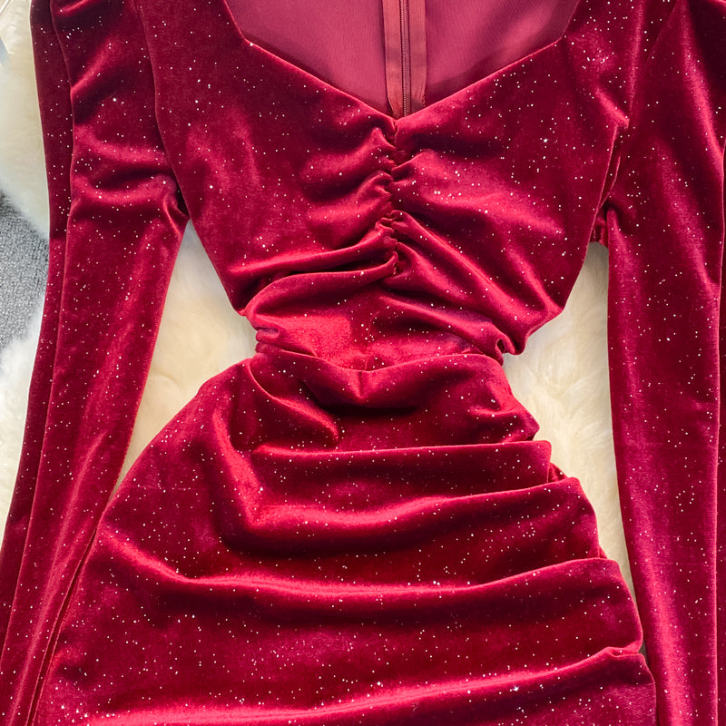 Temperament V-neck Halter Neck Tassel Bag Hip Dress Velvet Base Dress RF0252
