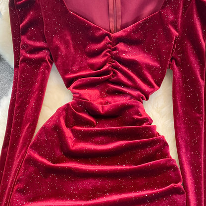 Temperament V-neck Halter Neck Tassel Bag Hip Dress Velvet Base Dress RF0252