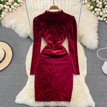 Temperament V-neck Halter Neck Tassel Bag Hip Dress Velvet Base Dress RF0252
