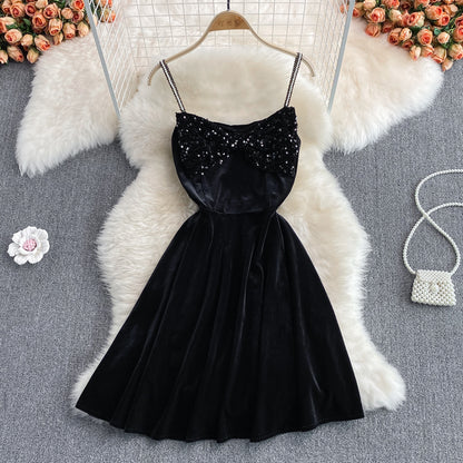 Black Velvet Sequins Short Dress Two Pieces Fashion Dress RF0251
