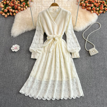 Elegant V Neck Lace Dress A Line Long Sleeve Dress Sweater Dress RF0249
