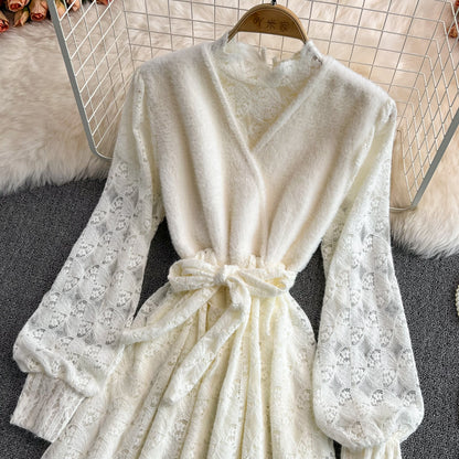 Elegant V Neck Lace Dress A Line Long Sleeve Dress Sweater Dress RF0249