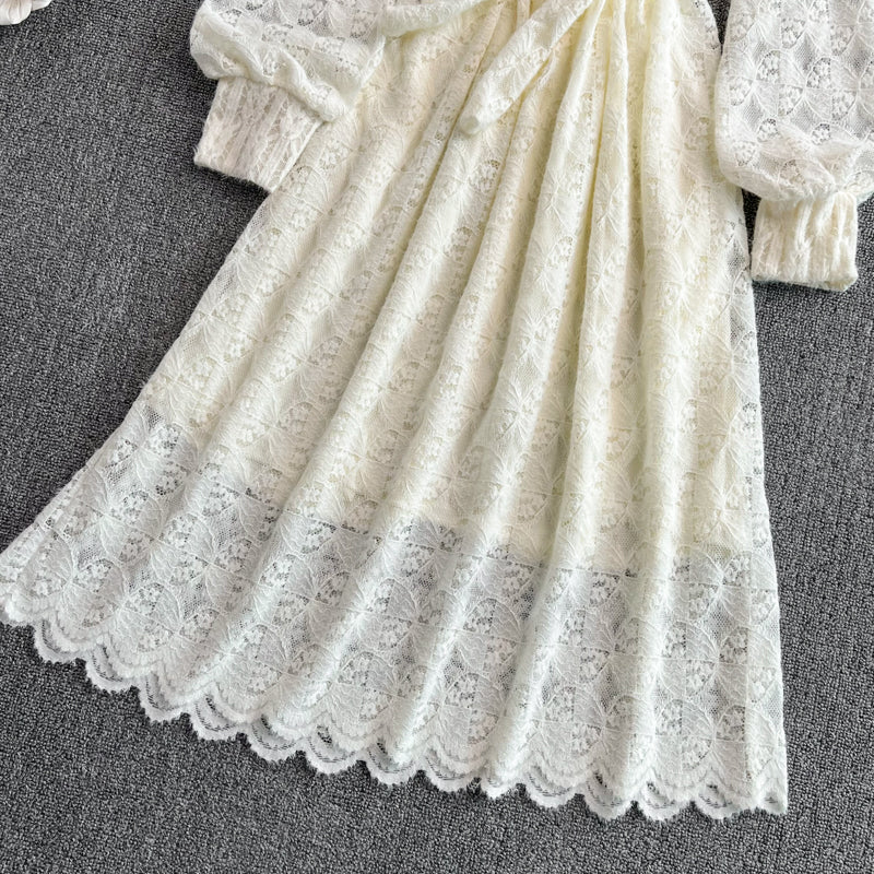 Elegant V Neck Lace Dress A Line Long Sleeve Dress Sweater Dress RF0249