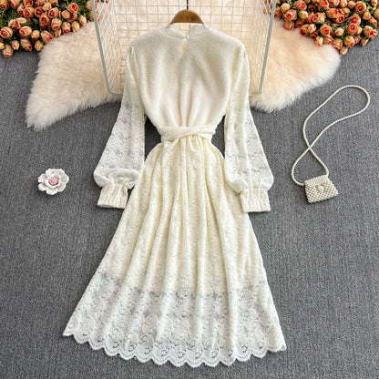 Elegant V Neck Lace Dress A Line Long Sleeve Dress Sweater Dress RF0249