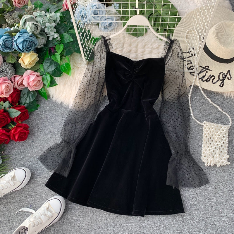 Black Velvet Short Dress Black Fashion Dress RF0248