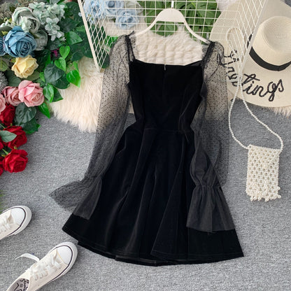 Black Velvet Short Dress Black Fashion Dress RF0248