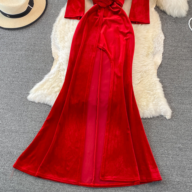 Stilvolles langes Samtkleid mit V-Ausschnitt, modisches Kleid RF0246