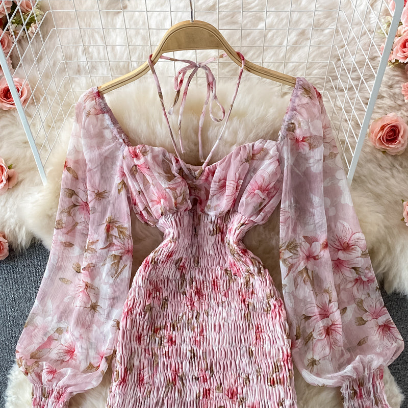 Pink Floral Skinny Dress Long Sleeve Dress Sexy Dress RF0242